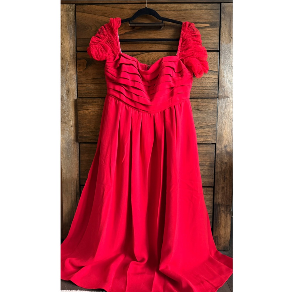 Self-Portrait Red Cotton-Blend Midi Dress with Lace Sleeves - Picture 3 of 5